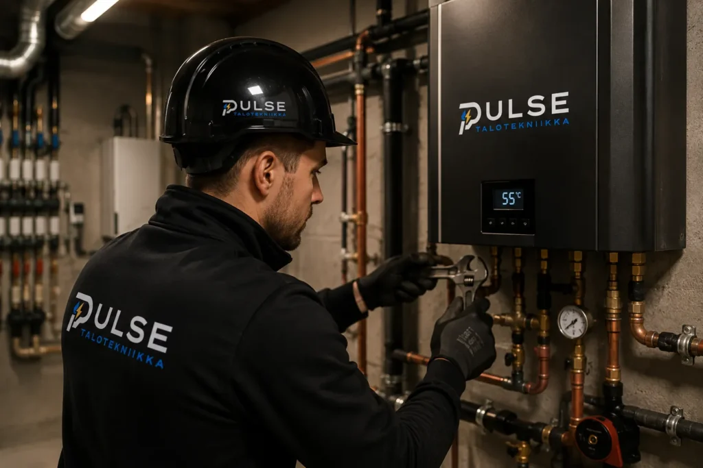 Pulse Talotekniikan asentaja huoltamassa lämmityslaitteen putkiliitäntöjä