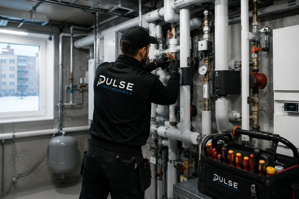Pulse Talotekniikan asentaja tekemässä LVI-töitä kiinteistön teknisessä tilassa