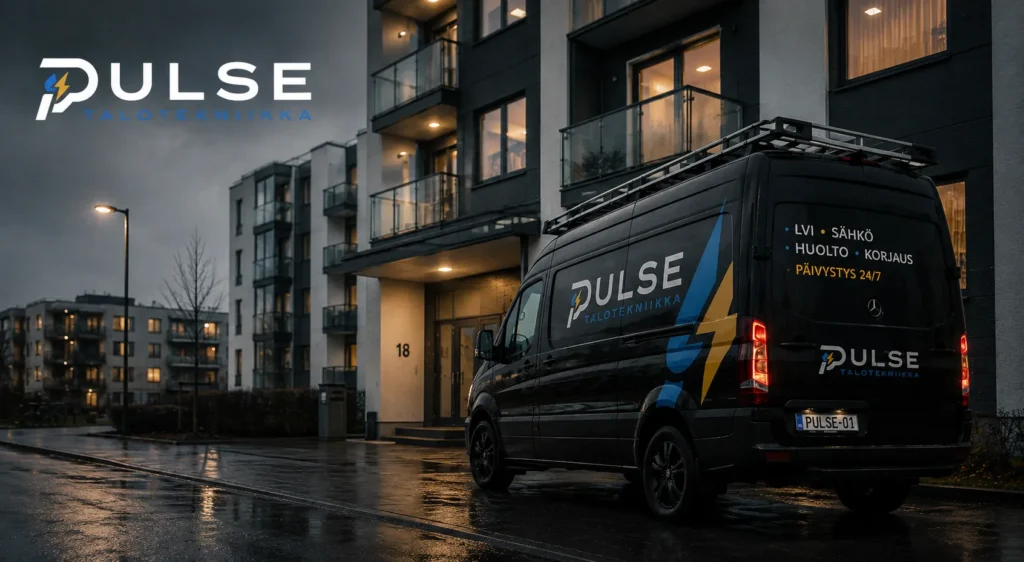 Pulse Talotekniikan huoltoauto kerrostalon edessä