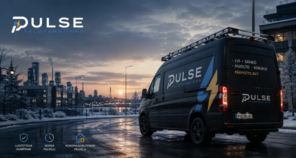 Pulse Talotekniikan huoltoauto, kyljessä teksti LVI, sähkö, huolto ja korjaus